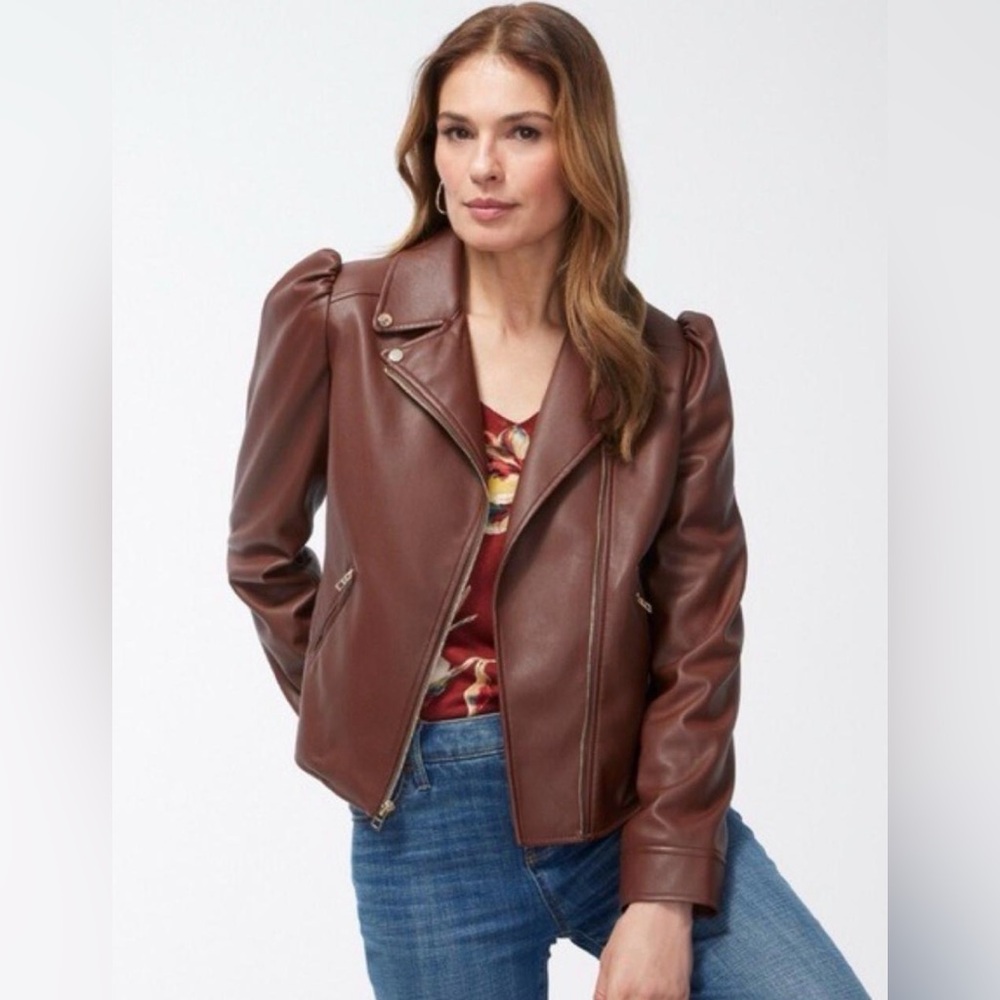 NWOT CHICO's Faux Leather Cropped Moto Jacket In Chocolate Brown Size 8